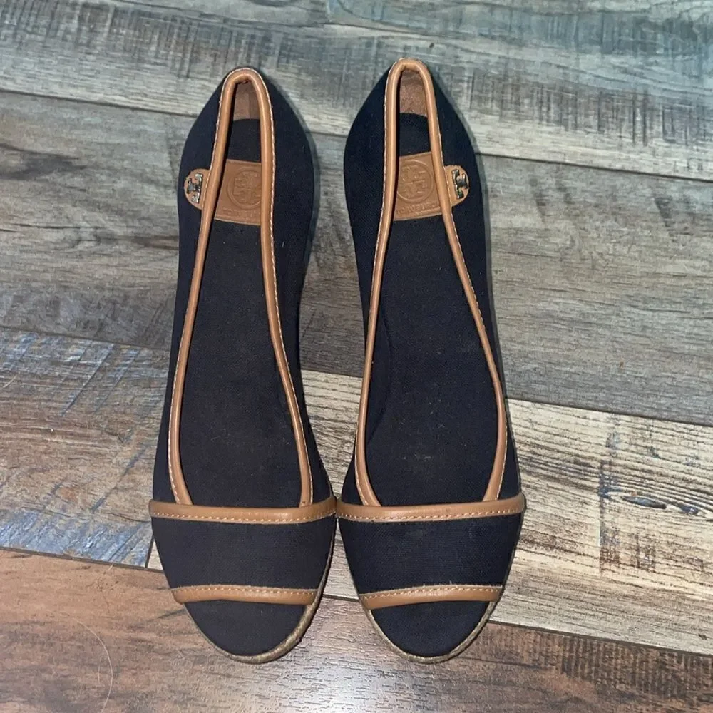 Tory Burch Black & Brown Majorca Espadrille Peep Toe Wedge